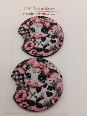 Handmade Pink Cow - Cute Car Coaster